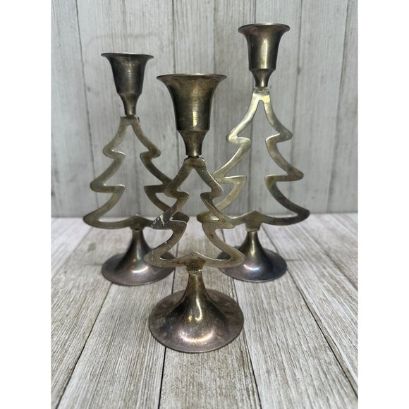Vtg International Silver Co. Christmas Tree Candlestick Holder 6",7",7.5" Set 3 - Picture 3 of 12